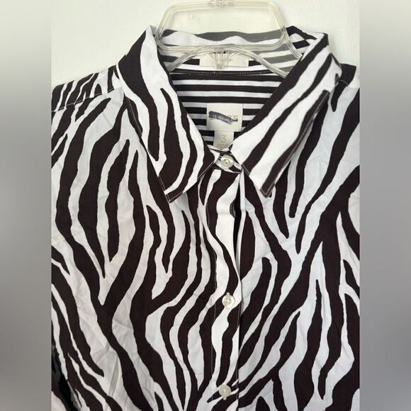 NWT Chico’s size 3 brown and white zebra button down top 100% cotton - Picture 7 of 9